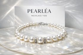 Naszyjnik z białych pereł z ozdobnymi srebrnymi elementami na tle z perłowej powierzchni