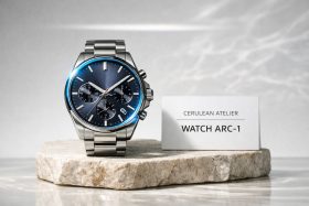 Srebrny zegarek z niebieską tarczą i trzema małymi tarczami na kamiennej podstawce