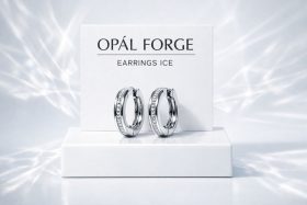 Srebrne kolczyki koła z cyrkoniami na białym tle z logo Opál Forge