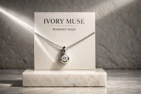 Srebrny naszyjnik z okrągłą zawieszką i kryształem na białym tle