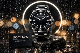 Srebrny zegarek Noctava z czarną tarczą i datownikiem na kamieniu pod kroplami wody