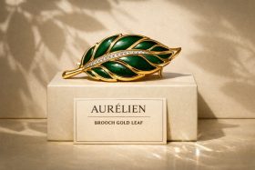 Złota broszka w kształcie liścia z zielonymi emaliowanymi wstawkami i kryształkami