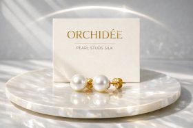 Perłowe kolczyki na złotych sztyftach na marmurowej podstawce