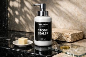 Butelka z dozownikiem stone sealer na czarnej powierzchni obok kostki mydła i próbki oleju