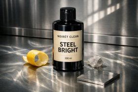 Butelka środka do czyszczenia stali na metalowej powierzchni z cytryną i kamieniem