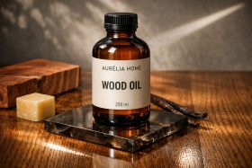Butelka oleju do drewna Aurélia Home 250 ml na drewnianym blacie będąca przykładem na wizualizacje produktowe