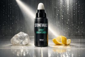 Butelka środka do wybielania fug Stonevault z aplikatorem gąbkowym na tle kropli wody