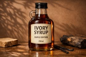 Butelka syropu klonowego Ivory Syrup 250 ml na drewnianym stole