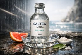 Butelka toniku Saltéa Sea Citrus 200 ml z kroplami wody na szklanej podstawce