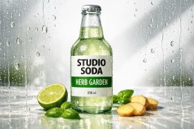 Butelka napoju Studio Soda Herb Garden z limonką, bazylią i imbirem na mokrej powierzchni