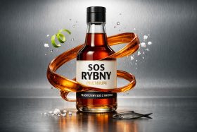 Butelka sosu rybnego z czarną nakrętką i spiralą sosu wokół niej będąca przykładem na wizualizacje produktowe