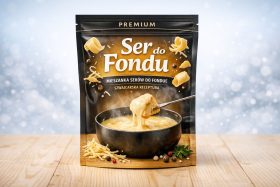Opakowanie mieszanki serów do fondue z widocznym gorącym serem i kawałkiem chleba na widelcu