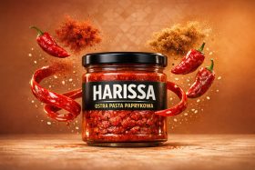 Słoik ostrej pasty paprykowej Harissa z papryczkami i przyprawami w tle
