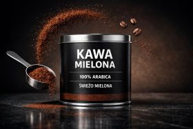 Puszka świeżo mielonej kawy Arabica z wysypującą się kawą i ziarnami