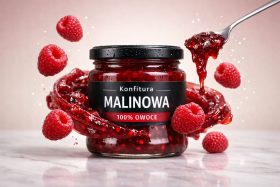 Słoik konfitury malinowej z czarną etykietą i świeżymi malinami wokół