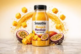 Butelka smoothie mango i marakuja z krojonymi owocami i rozpryskującym się sokiem