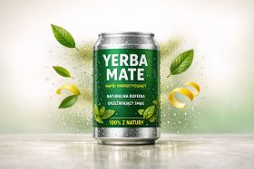 Puszka napoju Yerba Mate z zielonymi liśćmi i skórką cytryny wokół