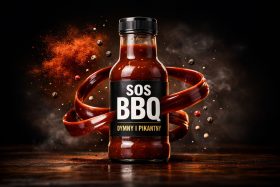 Butelka sosu BBQ dymnego i pikantnego z wirującą wstęgą sosu i przyprawami