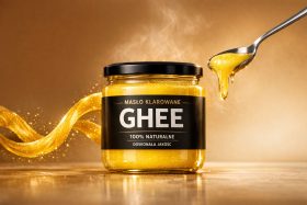 Słoik klarowanego masła ghee z czarną etykietą i łyżka z płynnym masłem