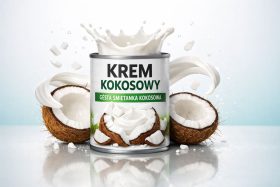 Puszka kremu kokosowego z rozbitymi kokosami i rozpryskującą się śmietanką będąca przykładem na wizualizacje produktowe