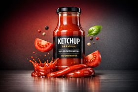 Słoik ketchupu z pomidorami i przyprawami na ciemnym tle