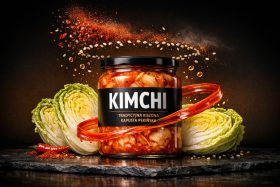 Słoik kimchi z tradycyjną kiszoną kapustą pekińską i przyprawami na czarnym tle