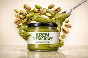 Słoik kremu pistacjowego z łyżką i pistacjami w powietrzu