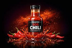 Butelka pikantnego sosu chili z czerwonymi papryczkami i rozpryskującym się sosem