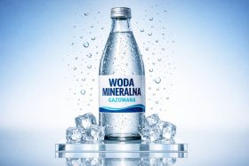 Butelka gazowanej wody mineralnej z lodem na przezroczystej podstawce