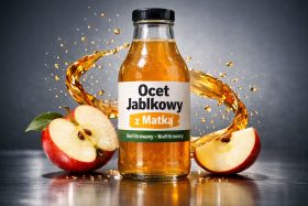 Butelka nieprzefiltrowanego octu jabłkowego z matką z plasterkami jabłka