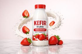 Butelka truskawkowego kefiru do picia z czerwonym korkiem i truskawkami wokół