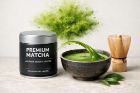 Puszka zielonej herbaty matcha, miska z zielonym napojem i bambusowy trzepaczek