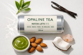 Puszka napoju Opaline Tea Matcha Latte z liśćmi herbaty i składnikami wokół będąca przykładem na wizualizacje produktowe