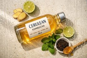 Butelka kombuchy z imbirem, limonką i miętą na jasnym tle z kroplami wody