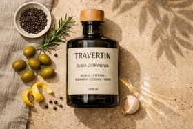 Butelka oliwy cytrynowej z oliwkami, rozmarynem, czosnkiem i pieprzem