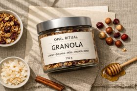 Słoik granoli z orzechami laskowymi, żurawiną i miodem na lnianym obrusie