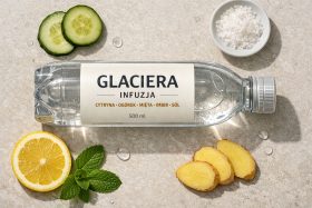 Butelka wody smakowej Glacier Infuzja z cytryną, ogórkiem, miętą, imbirem i solą będąca przykładem na wizualizacje produktowe