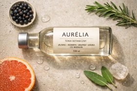Butelka toniku botanicznego Aurélia z rozmarynem i grejpfrutem na kamiennym tle