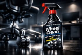 Butelka środka do czyszczenia kółek fotela na tle kółka biurowego będąca przykładem na wizualizacje produktowe