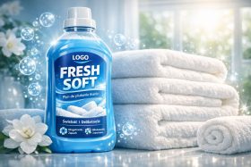 Butelka niebieskiego płynu do płukania tkanin obok białych ręczników i kwiatów