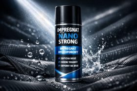Spray hydrofobowy Impregnat Nano Strong na tkaninie z kroplami wody