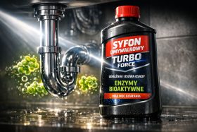 Butelka środka do udrażniania rur z czerwonym korkiem obok metalowej rury odpływowej