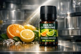 Butelka olejków cytrusowych z etykietą i plasterkami cytrusów na tle metalowym