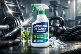 Butelka środka do dezynfekcji z napisem Higiena po każdym treningu na siłowni przedstawiająca wizualizacje produktowe
