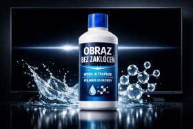 Butelka z płynem ochronnym do ekranów z niebieską etykietą i niebieską nakrętką