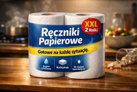 Dwa białe ręczniki papierowe w opakowaniu XXL na drewnianym blacie kuchennym