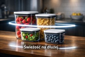Przezroczyste pojemniki z białymi pokrywkami wypełnione truskawkami, makaronem, sałatą i borówkami na blacie