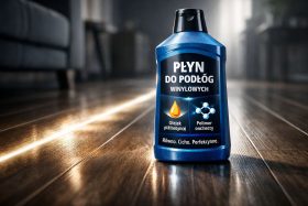 Butelka niebieskiego płynu do podłóg winylowych na drewnianej podłodze