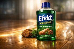 Butelka zielonego koncentratu do czyszczenia o zapachu cedru na drewnianej powierzchni