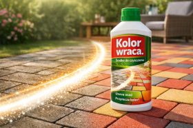 Butelka środka do czyszczenia kostki brukowej na kolorowej nawierzchni ogrodowej